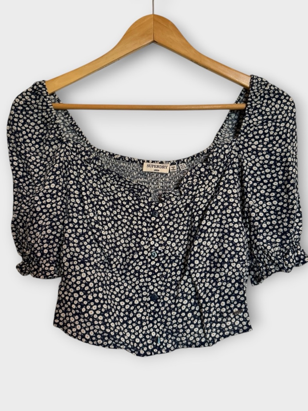 Superdry Navy and White Floral Puff-Sleeve Crop Top
